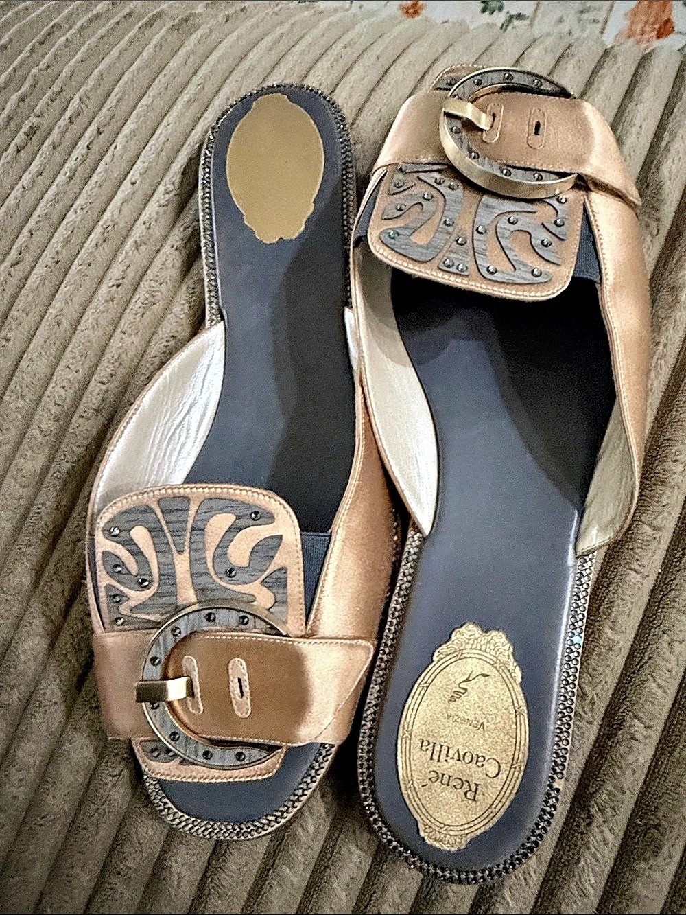 Rene Caovilla Embellished Buckle Sandals in Gold & White US 7.5